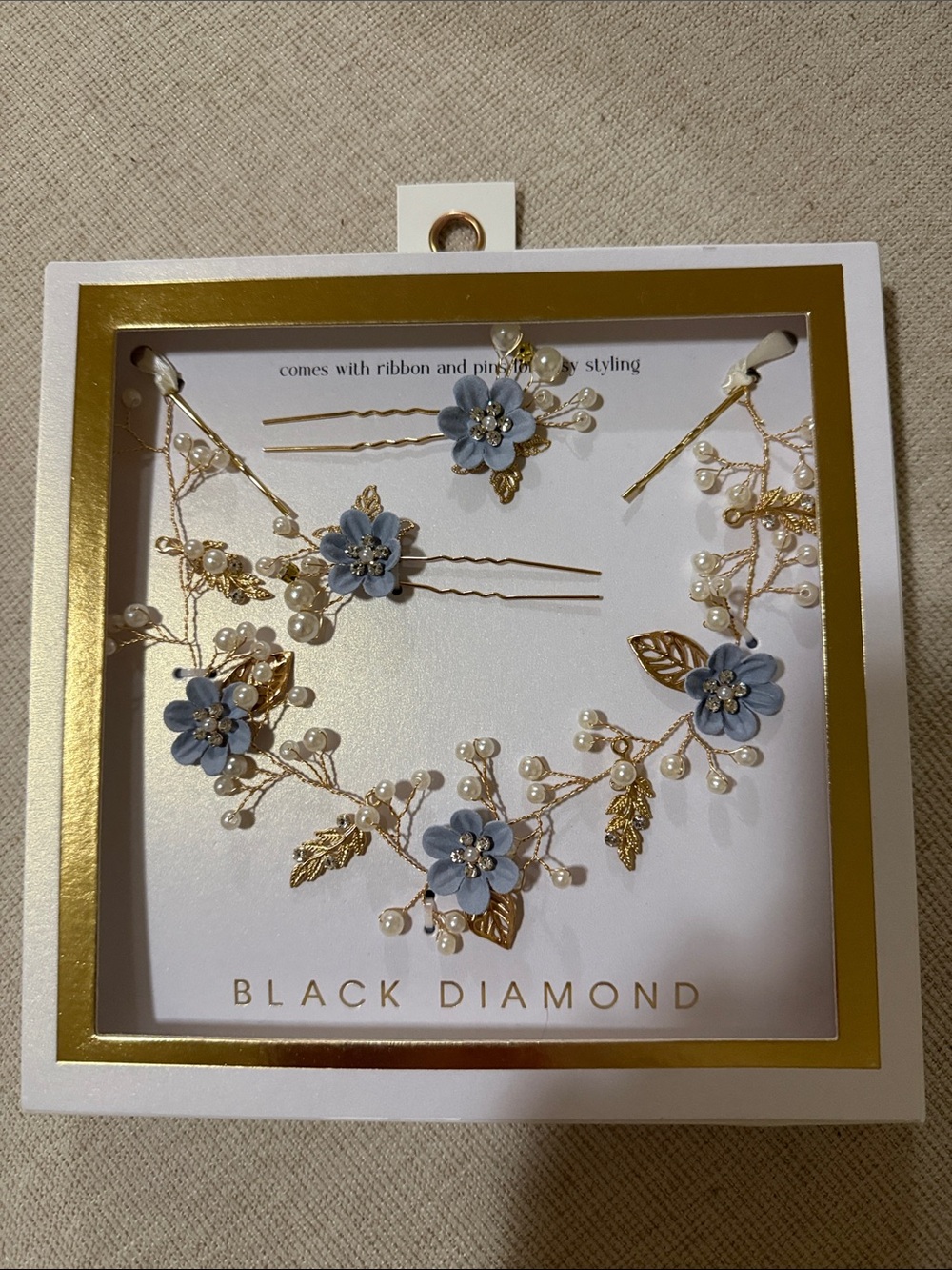 Black Diamond Gold and Blue Floral Hair Vine with Matching Pins